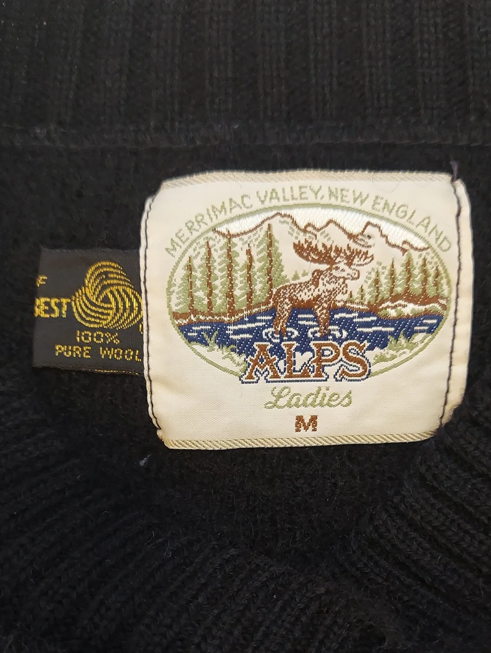 Merrimac Valley Ladies Wool Black and Blue Moose Crewneck Sweater Size M